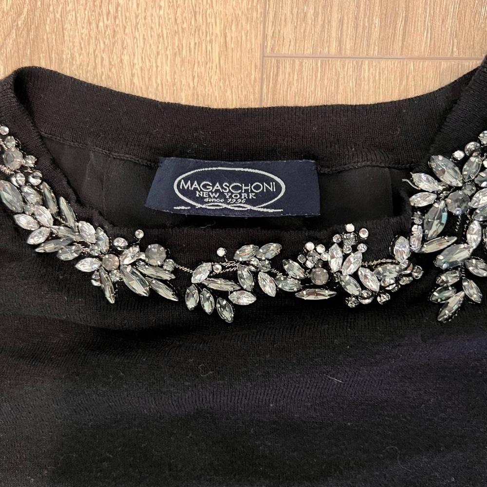 Magaschoni Black Short Sleeve Top with Embellished Neckline - Picture 5 of 6